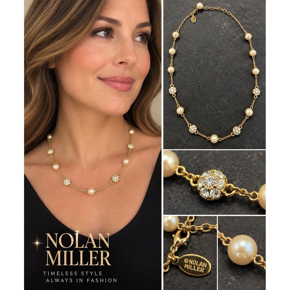 Vintage Nolan Miller Gold Tone Clear Rhinestone Faux Pearl Station Necklace